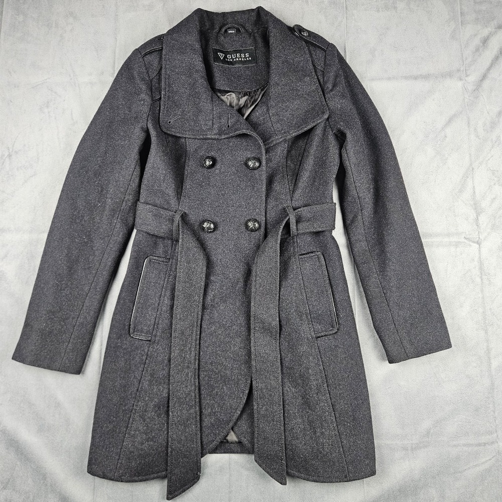 Guess Los Angeles Womens Wool Blend Belted Peacoat Gray Double Breasted Coat S